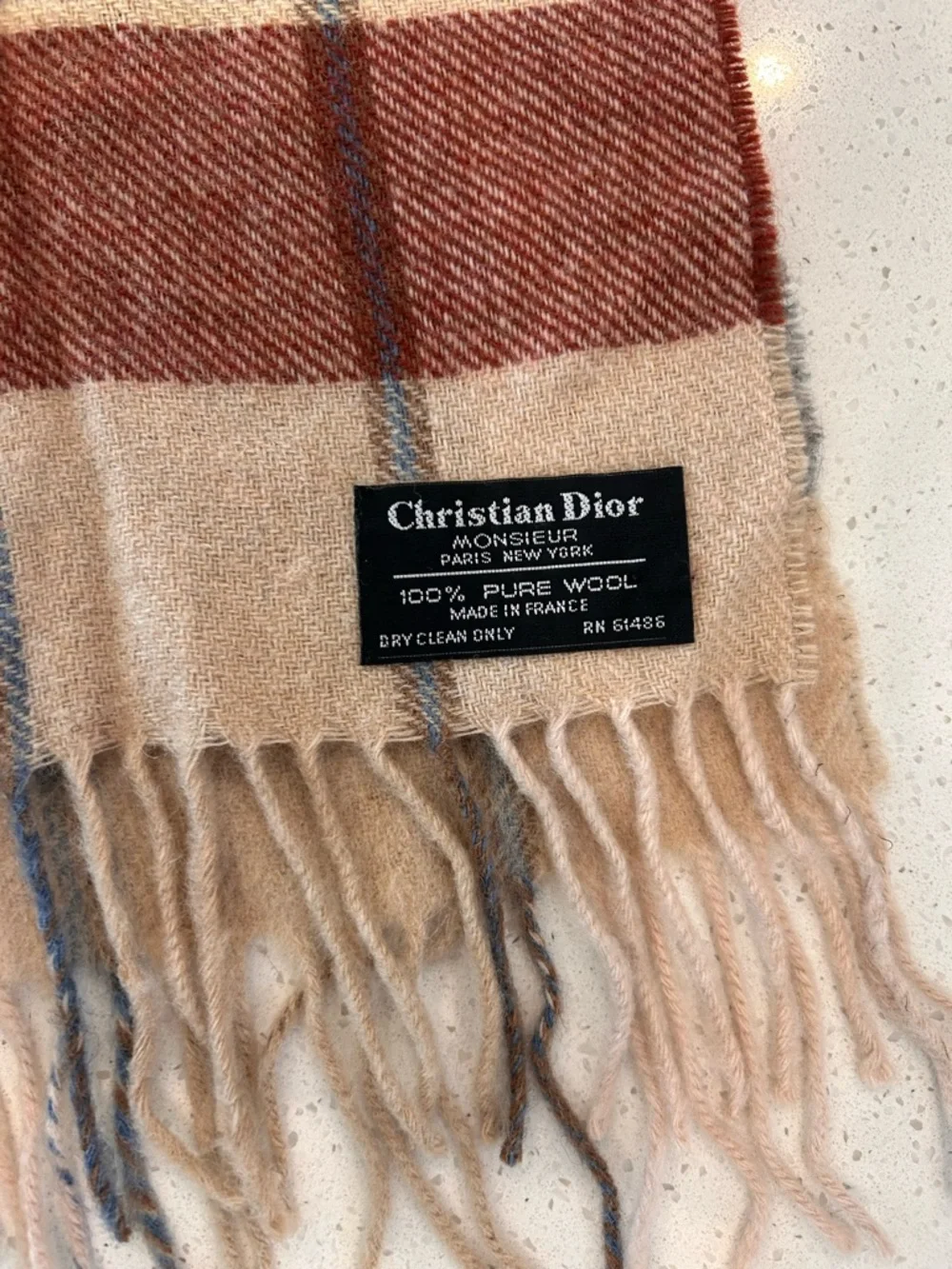 Dior Plaid Wool Scarf in Beige with Rust & Light Blue Accents